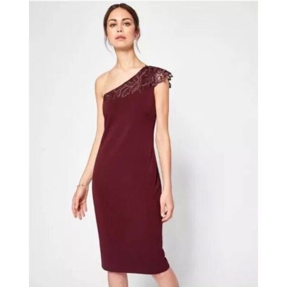 TED BAKER London Jalis Lace One-Shoulder Burgundy Dress Size 3 NEW - Picture 10 of 11